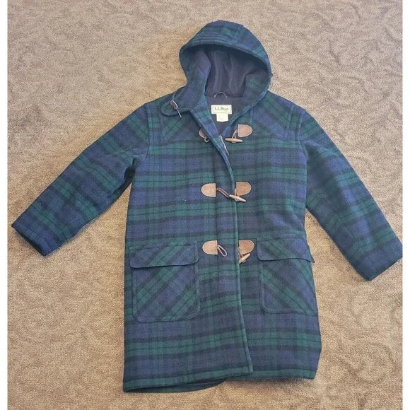 Vintage 80s LL Bean Duffle Over Coat WOOL Women's size Large Blue Green Plaid - Picture 1 of 10